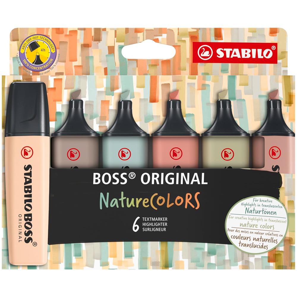 BOSS ORIGINAL - Evidenziatore - NatureCOLORS - Astuccio da 6 - Sabbia /Cenere /Foglia di Tè /Terra di Siena /Verde Oliva /Fava di Cacao - Foto 1