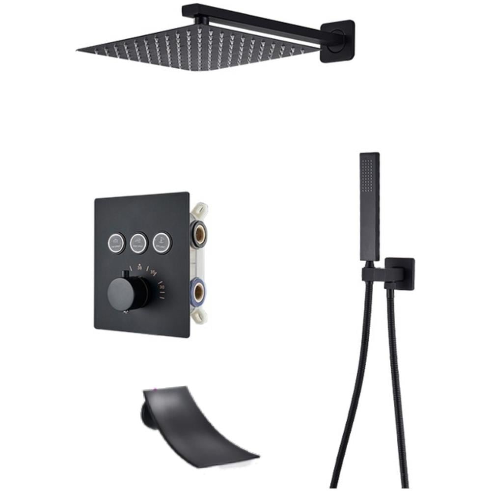 Set miscelatore doccia, Blackswan, tipo M155, modello nero opaco, 3 vie, illuminazione LED, termostato e bocca a cascata, misura 40 cm - Foto 1