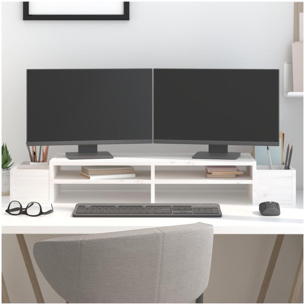 Supporto Per Monitor Bianco100x27,5x15cm Legno Massello Di Pino - Foto 1