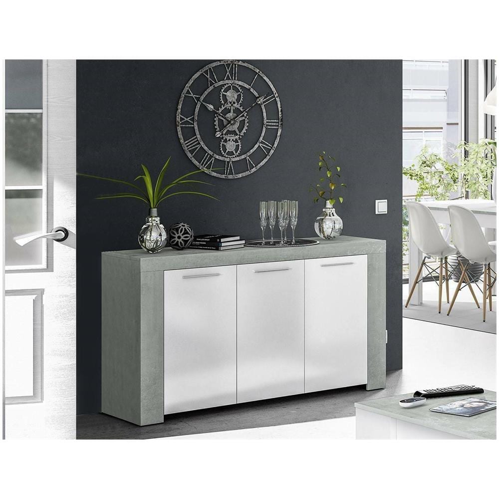 Credenza Bellevue, Madia Moderna A 3 Ante, Buffet Da Soggiorno, Mobile Porta Tv, Madia Per Salotto, 144x42h80 Cm, Cemento E Bianco - Foto 1