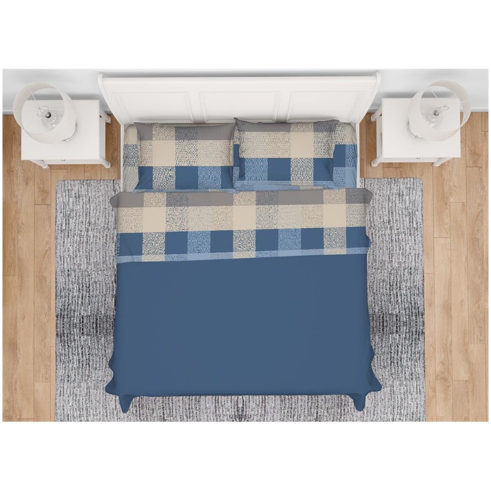 Completo Lenzuola In 100% Cotone Made Italy Disegno Scotland Matrimoniale Azzurro - Foto 1