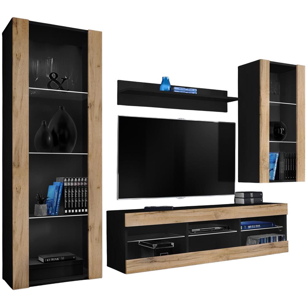 Komodee, Set Di Mobili Porta TV Tivoli Medio RTV, Black /Wotan, Senza LED, Larghezza 245 cm x Altezza 159 cm x Profondità 35 cm, Per soggiorno, Camera da letto - Foto 1