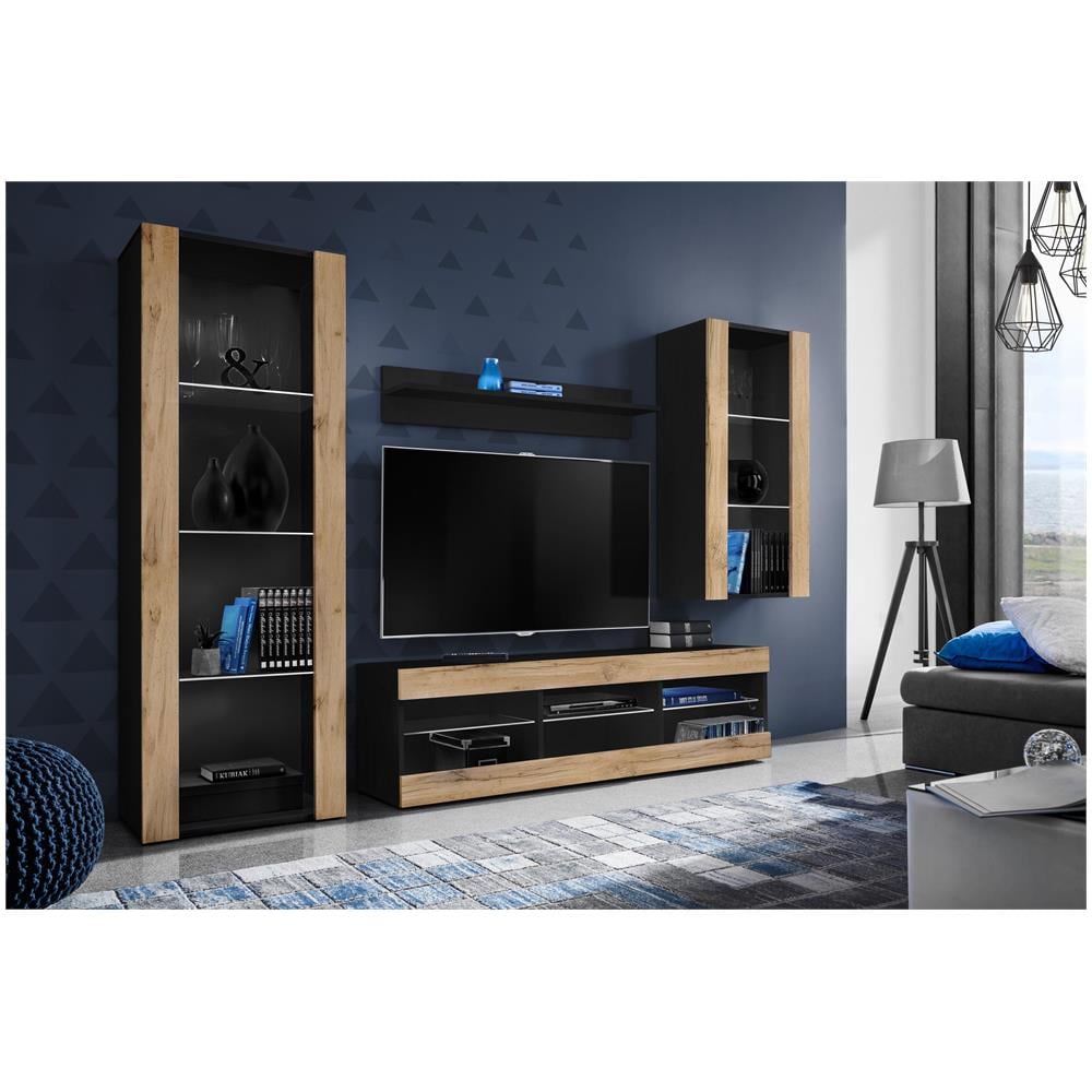 Komodee, Set Di Mobili Porta TV Tivoli Medio RTV, Black /Wotan, Senza LED, Larghezza 245 cm x Altezza 159 cm x Profondità 35 cm, Per soggiorno, Camera da letto - Foto 2