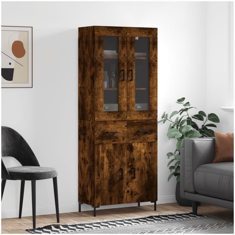 Credenza VidaXL Rovere Fumo - 70x42.5x185 Cm In Legno Multistrato, 3 Ante E Ripiani, Mobile Da Soggiorno
