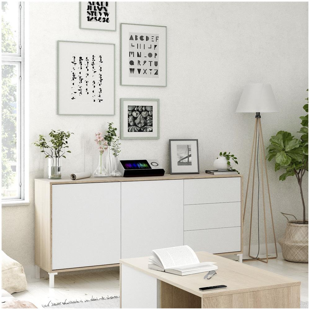 Credenza Concord, Madia Moderna A 2 Ante E 3 Cassetti, Buffet Da Soggiorno, Mobile Porta Tv, Madia Per Salotto, 154x41h74 Cm, Rovere E Bianco - Foto 1