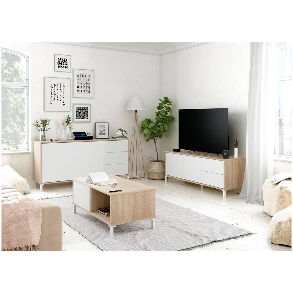 Credenza Concord, Madia Moderna A 2 Ante E 3 Cassetti, Buffet Da Soggiorno, Mobile Porta Tv, Madia Per Salotto, 154x41h74 Cm, Rovere E Bianco - Foto 3