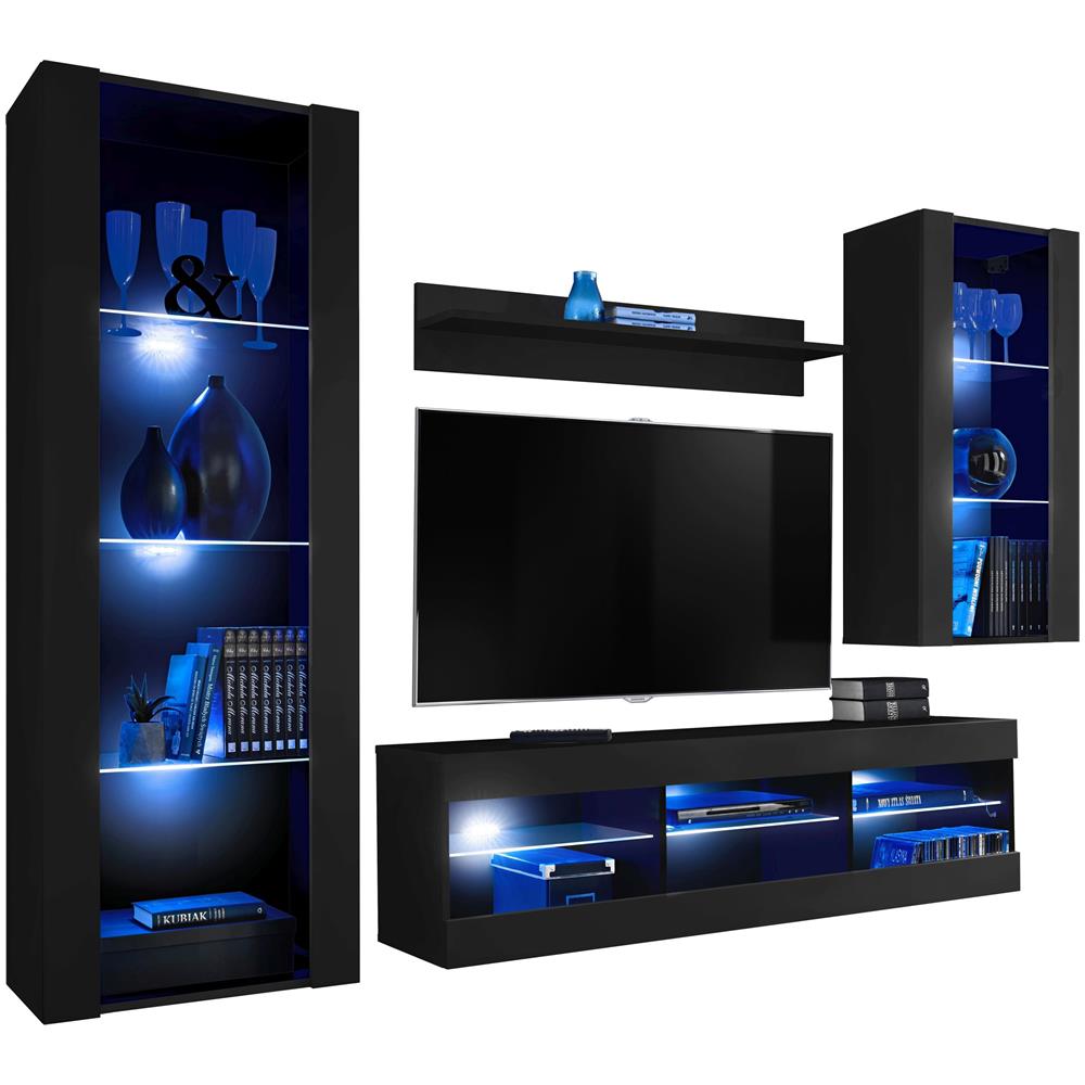 Komodee, Set Di Mobili Porta TV Tivoli Medio RTV, Black /Black, LED Blu, Larghezza 245 cm x Altezza 159 cm x Profondità 35 cm, Per soggiorno, Camera da letto - Foto 1
