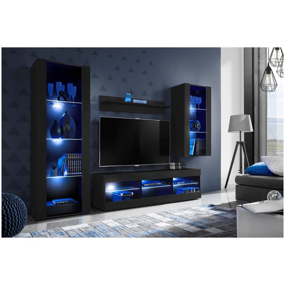 Komodee, Set Di Mobili Porta TV Tivoli Medio RTV, Black /Black, LED Blu, Larghezza 245 cm x Altezza 159 cm x Profondità 35 cm, Per soggiorno, Camera da letto - Foto 2