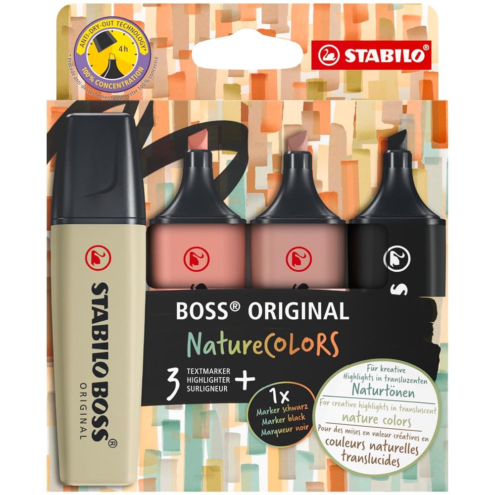 BOSS ORIGINAL - Evidenziatore - NatureCOLORS - Astuccio da 4 - Verde Oliva /Terra di Siena /Fava di Cacao /Nero - Foto 1