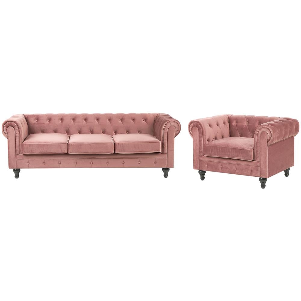 Set Da Salotto A 4 Posti In Velluto Rosa Chesterfield - Foto 1
