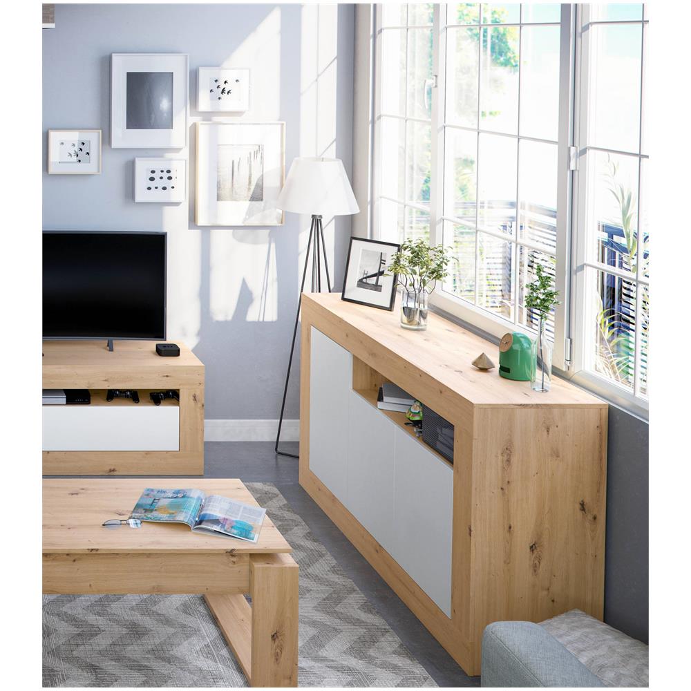 Credenza Thornton, Madia Moderna A 3 Ante, Buffet Da Soggiorno Con Scomparti, Madia Da Salotto, Mobile Porta Tv, 144x42h87 Cm, Rovere Nodi E Bianco - Foto 1