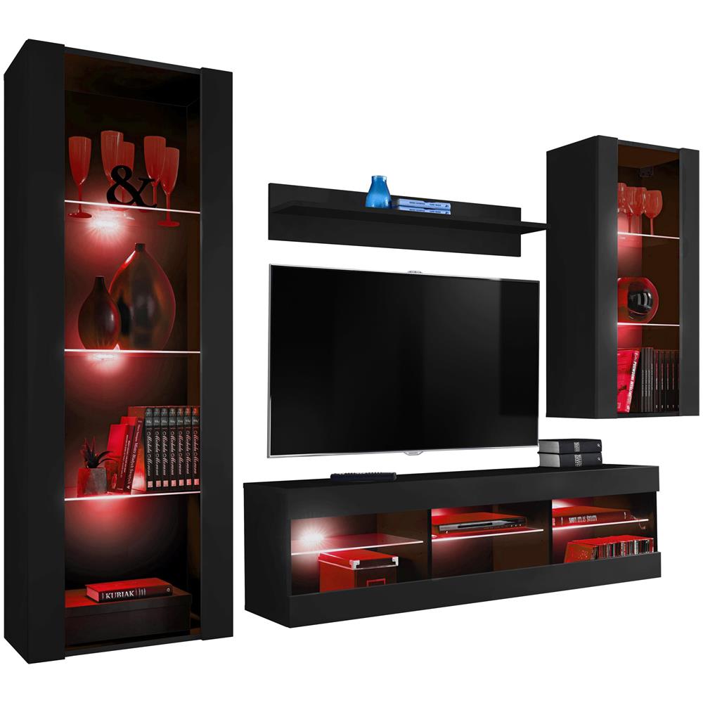 Komodee, Set Di Mobili Porta TV Tivoli Medio RTV, Black /Black, LED RGB, Larghezza 245 cm x Altezza 159 cm x Profondità 35 cm, Per soggiorno, Camera da letto - Foto 1