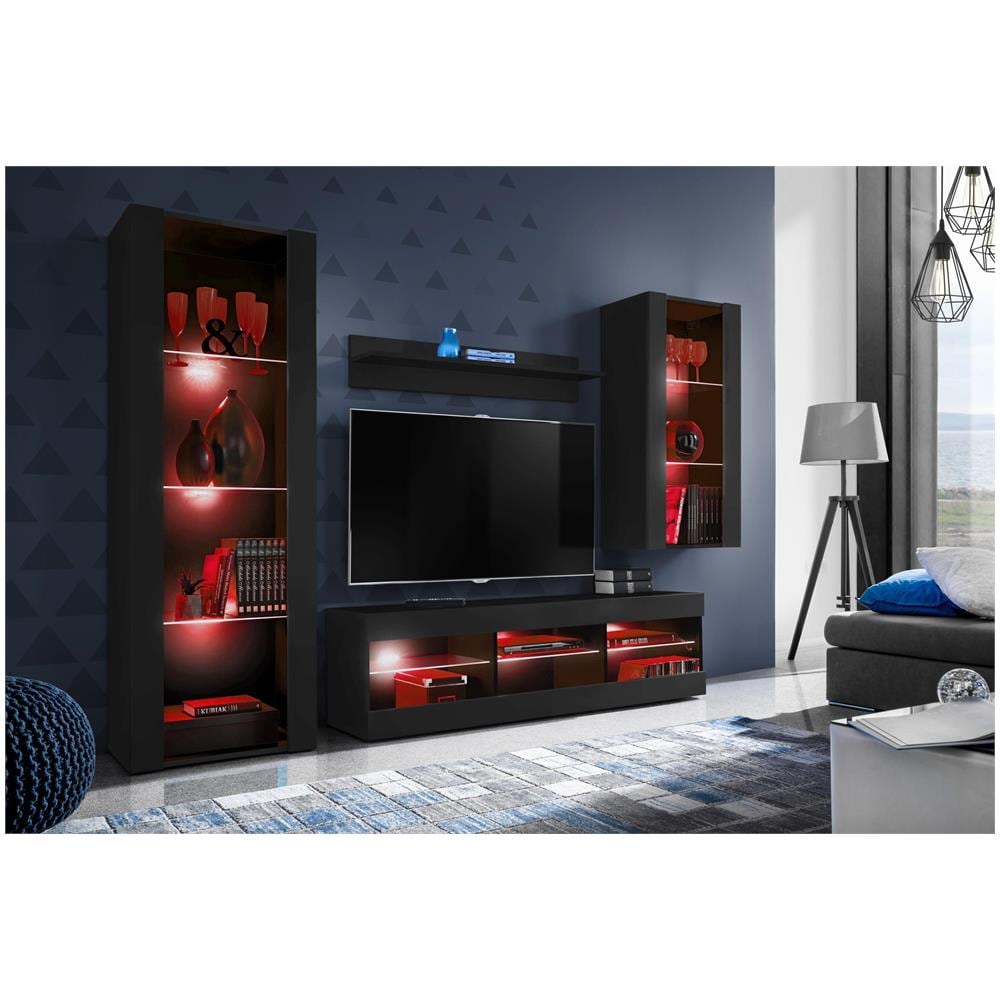 Komodee, Set Di Mobili Porta TV Tivoli Medio RTV, Black /Black, LED RGB, Larghezza 245 cm x Altezza 159 cm x Profondità 35 cm, Per soggiorno, Camera da letto - Foto 2