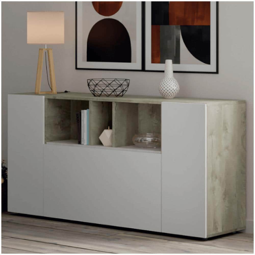 Credenza Paterson, Madia Moderna A 3 Ante, Buffet Da Soggiorno Con Scomparti, Madia Da Salotto, Mobile Porta Tv, 150x41h76 Cm, Bianco E Rovere - Foto 1