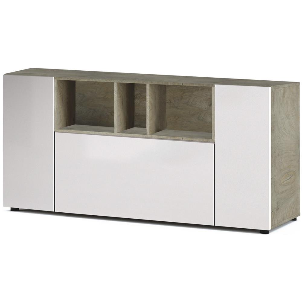 Credenza Paterson, Madia Moderna A 3 Ante, Buffet Da Soggiorno Con Scomparti, Madia Da Salotto, Mobile Porta Tv, 150x41h76 Cm, Bianco E Rovere - Foto 2