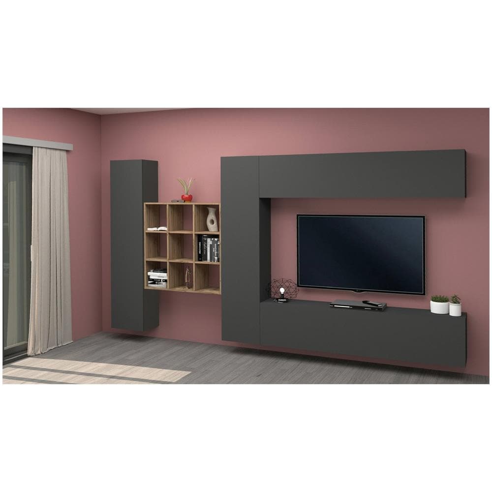 Parete Attrezzata Gualtiero, Set Salotto Porta Tv A 4 Ante, Mobile Soggiorno Multiuso, 100% Made In Italy, Cm 350x30h180, Antracite - Foto 1
