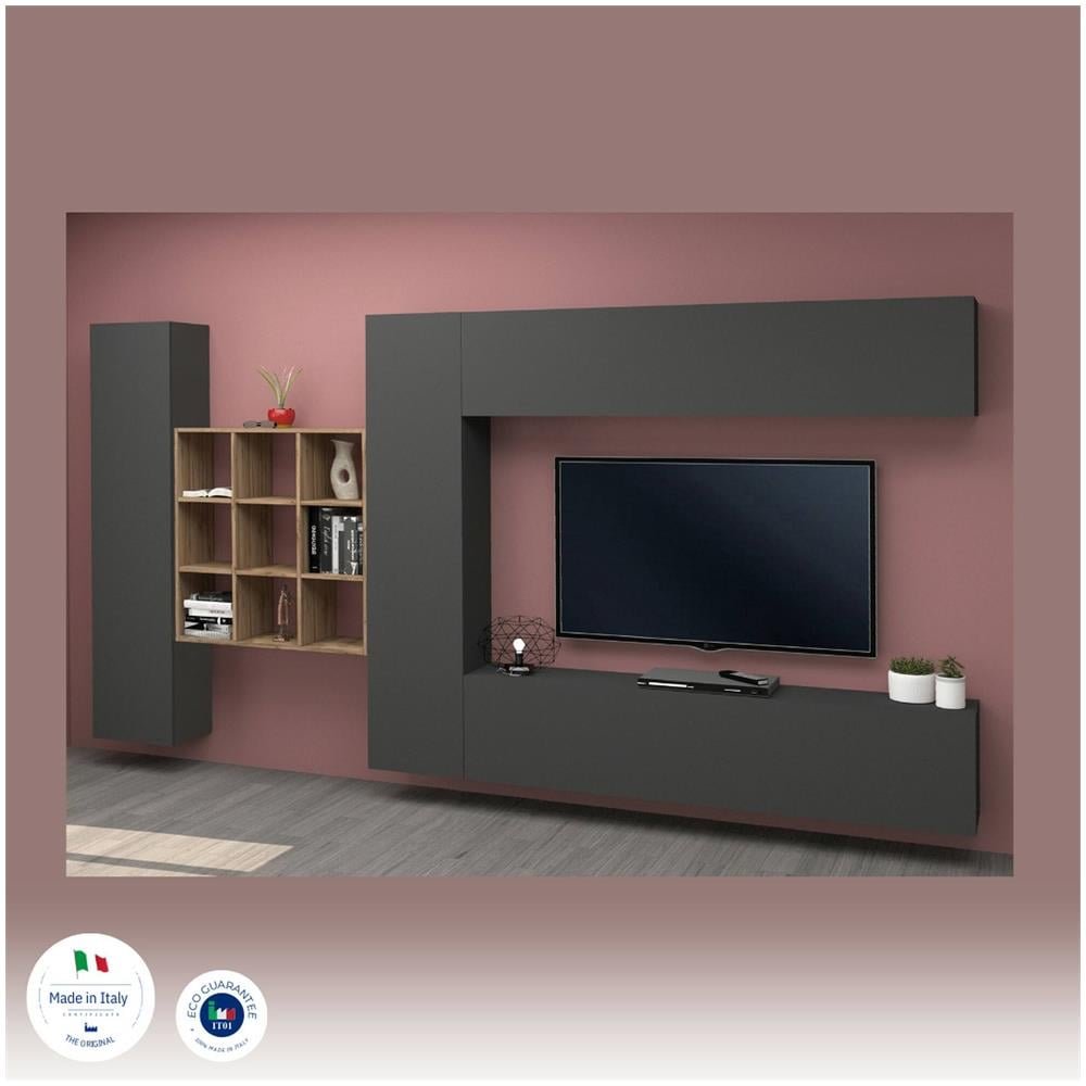 Parete Attrezzata Gualtiero, Set Salotto Porta Tv A 4 Ante, Mobile Soggiorno Multiuso, 100% Made In Italy, Cm 350x30h180, Antracite - Foto 4