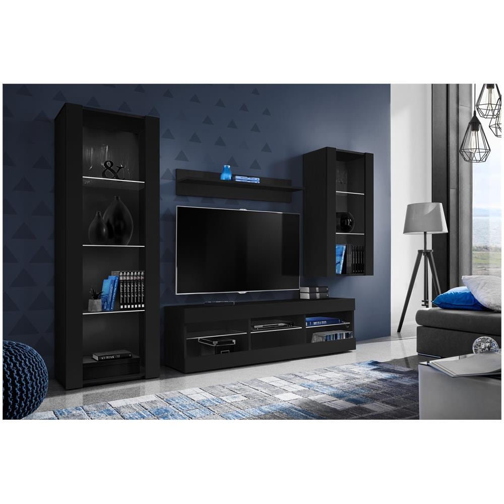 Komodee, Set Di Mobili Porta TV Tivoli Medio RTV, Black /Black, Senza LED, Larghezza 245 cm x Altezza 159 cm x Profondità 35 cm, Per soggiorno, Camera da letto - Foto 2
