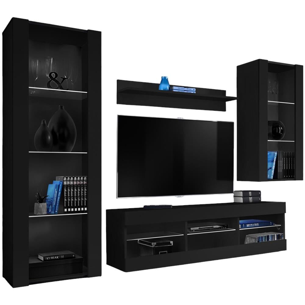 Komodee, Set Di Mobili Porta TV Tivoli Medio RTV, Black /Black, Senza LED, Larghezza 245 cm x Altezza 159 cm x Profondità 35 cm, Per soggiorno, Camera da letto - Foto 1