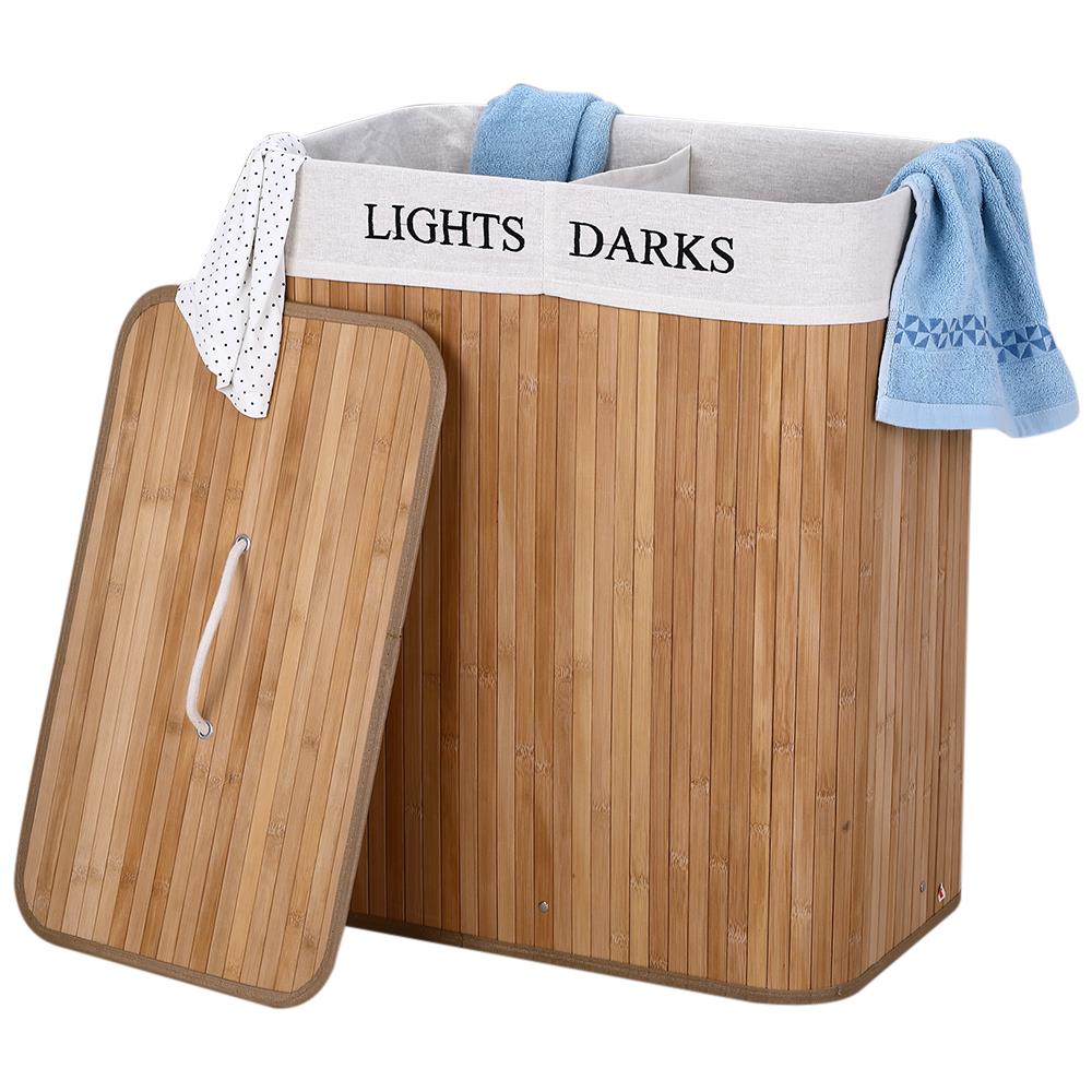 Cesto Biancheria Sporca 2 Scomparti Portabiancheria Pieghevole In Bambu Tessuto - Foto 1