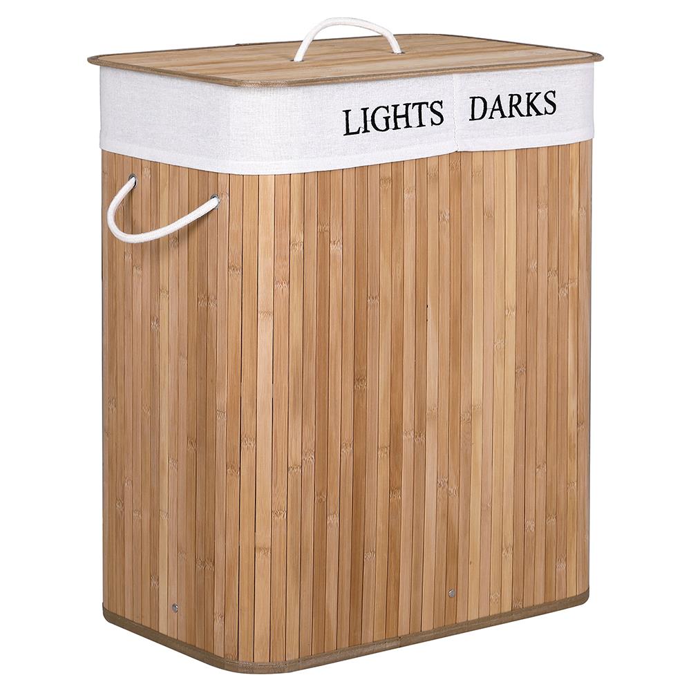 Cesto Biancheria Sporca 2 Scomparti Portabiancheria Pieghevole In Bambu Tessuto - Foto 3