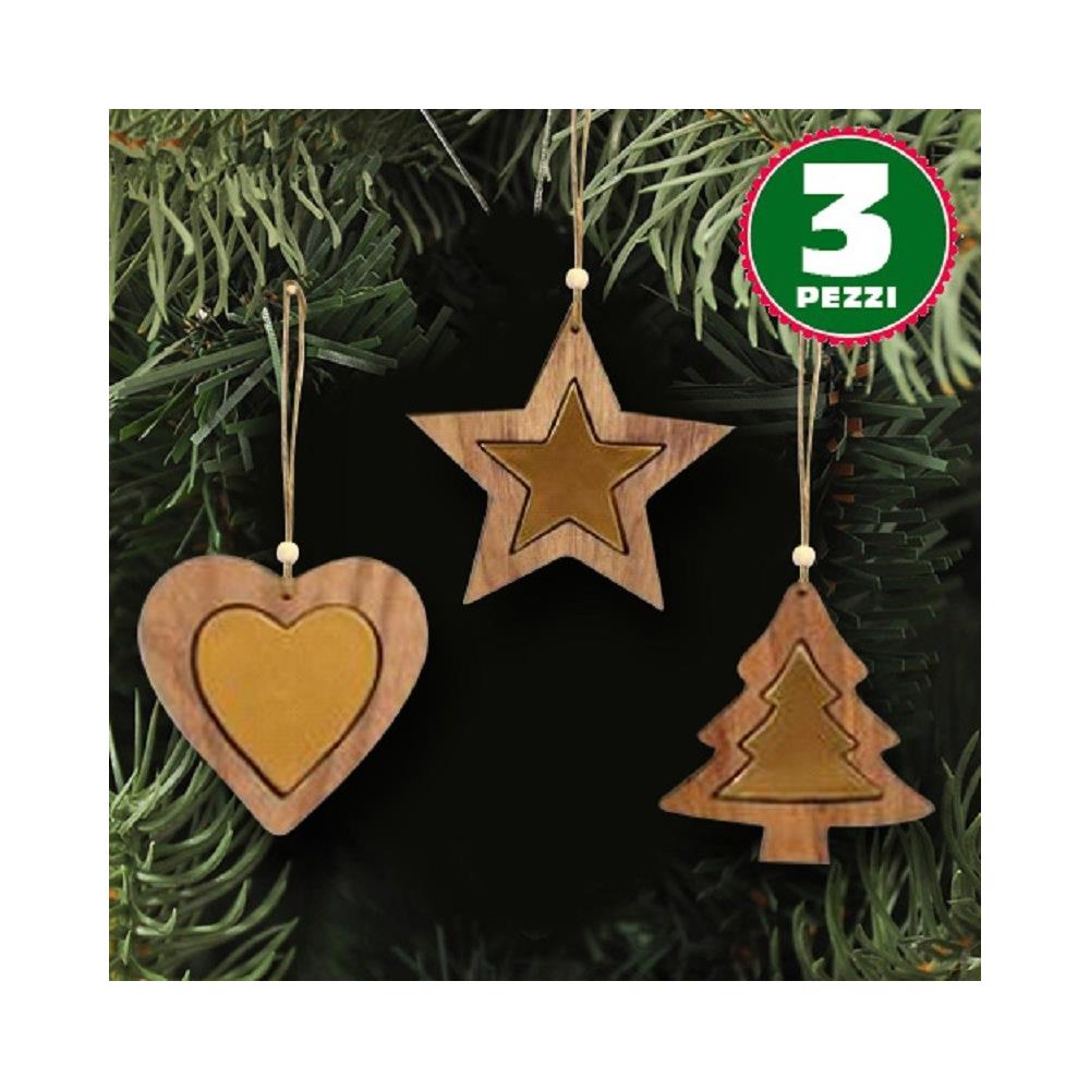 3 Appendini Natale In Legno Stella Albero Cuore Oro Decorazioni Natalizie - Foto 1