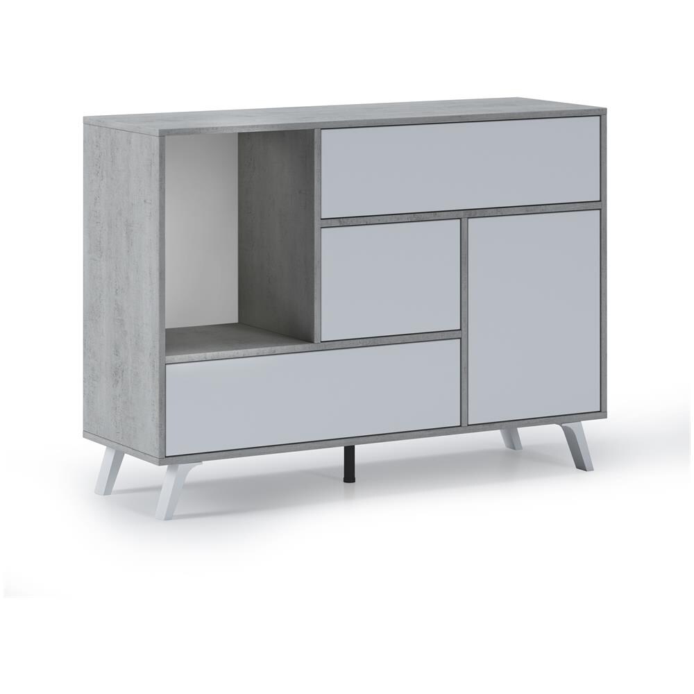 Credenza Salotto / sala Da Pranzo, Mobile Buffet Wind 1 Porta, 3 Cassetti, Struttura Colore Cemento, Porta E Cassetti Colore Bianco Opaco. Dimensioni: 120x40x86cm. - Foto 1