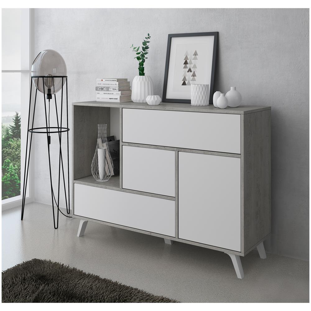 Credenza Salotto / sala Da Pranzo, Mobile Buffet Wind 1 Porta, 3 Cassetti, Struttura Colore Cemento, Porta E Cassetti Colore Bianco Opaco. Dimensioni: 120x40x86cm. - Foto 2