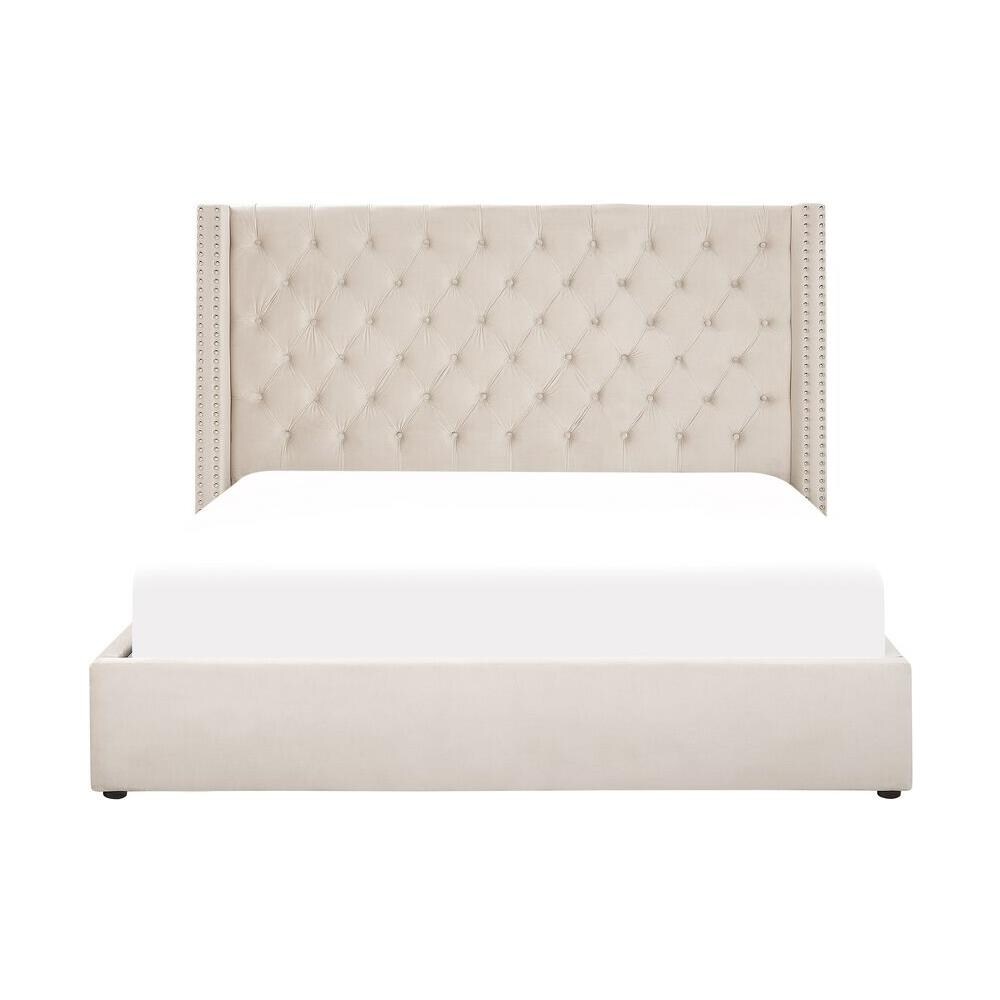 Letto Imbottito In Velluto Beige Con Contenitore 180 X 200 Cm Lubbon - Foto 2
