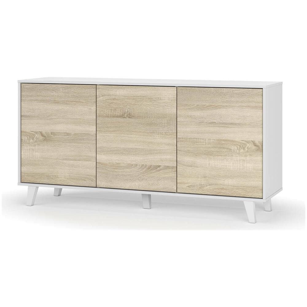 Credenza Arvada, Madia Moderna A 3 Ante E Ripiani, Buffet Da Cucina, Buffet Di Design Da Soggiorno, 154x40h75 Cm, Bianco E Rovere - Foto 2