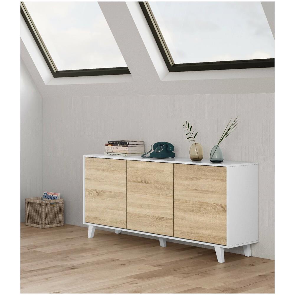 Credenza Arvada, Madia Moderna A 3 Ante E Ripiani, Buffet Da Cucina, Buffet Di Design Da Soggiorno, 154x40h75 Cm, Bianco E Rovere - Foto 4