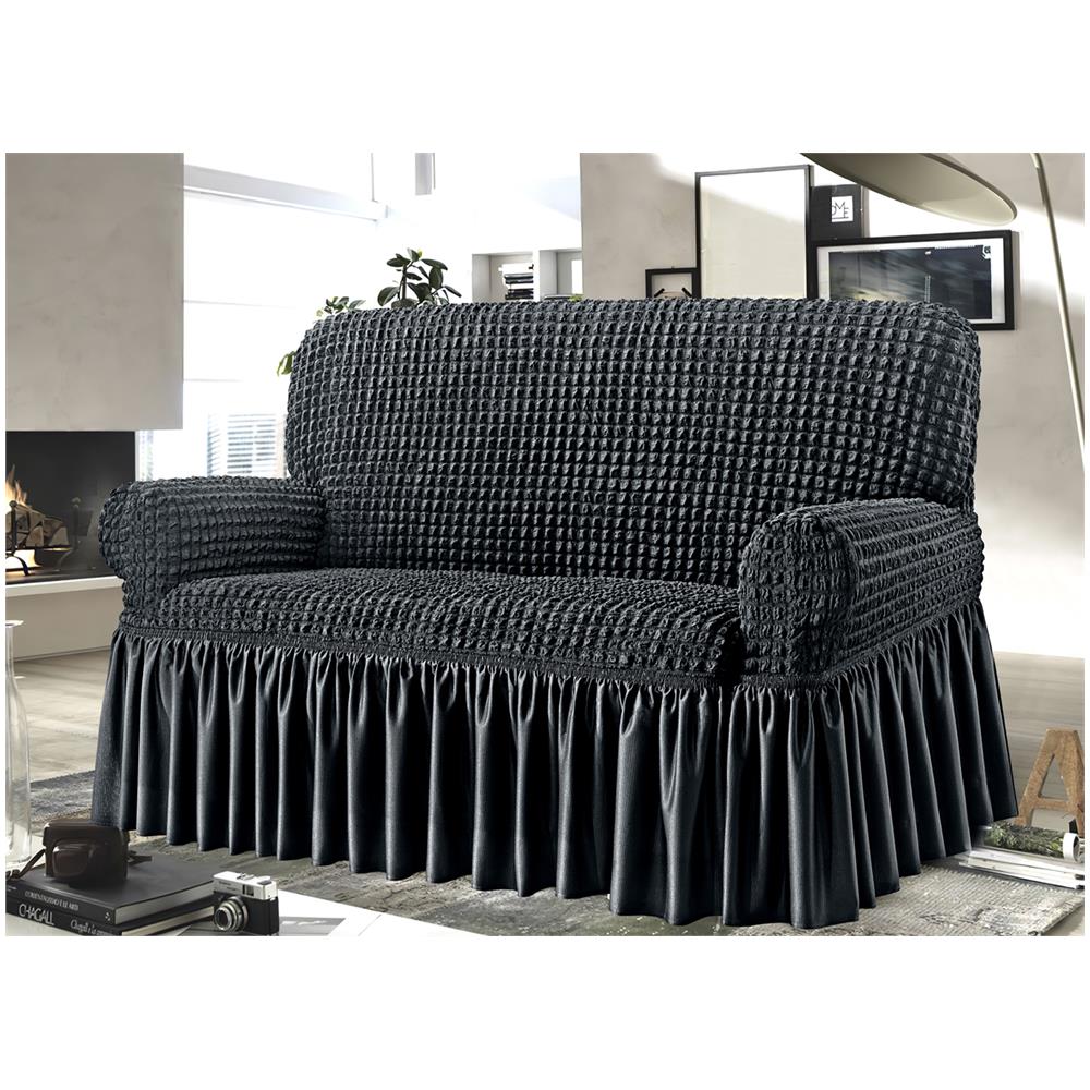 Copridivano Elasticizzato Arricciato Con Volants Tinta Unita Luxory Grigio Scuro 4 Posti Grigio Sc - Foto 1