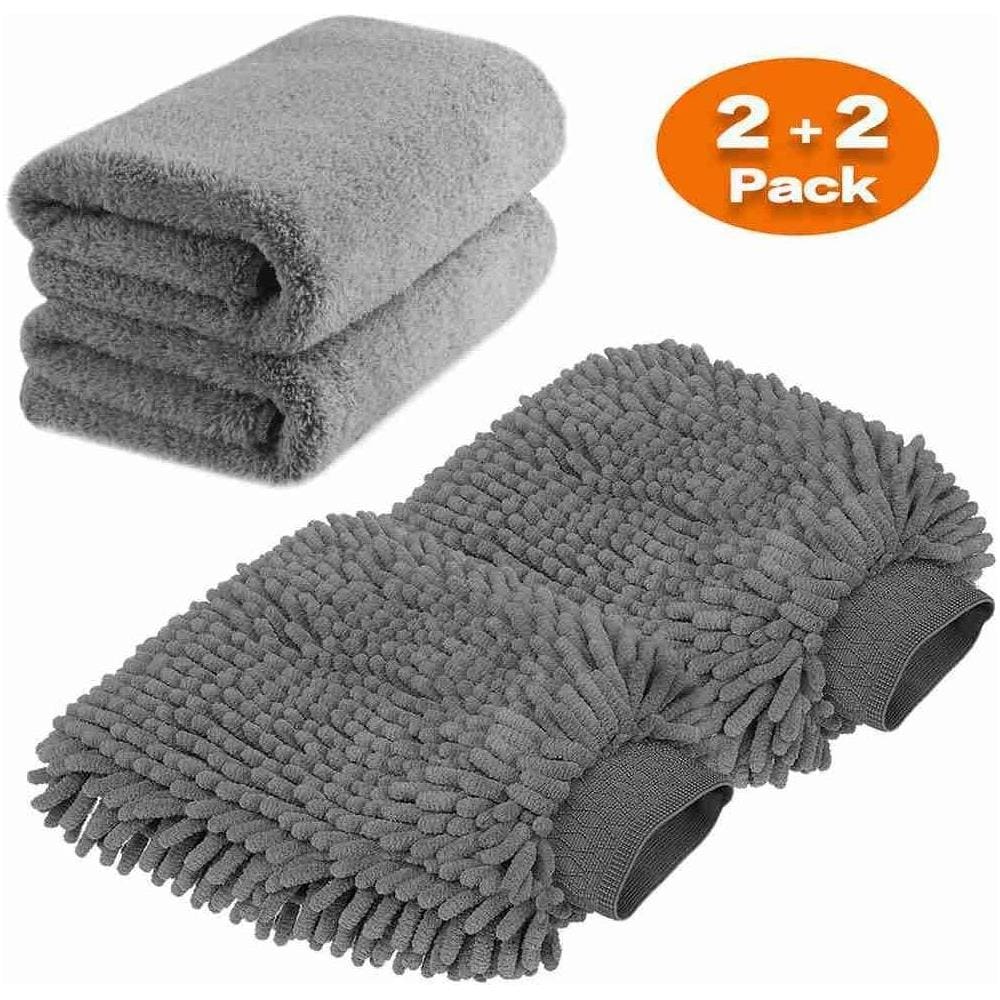 Large Size Microfibra Car Wash Mitt - Premium Ciniglia Wash Gove E Microfibra Towel - Lint Gratuito - Scratch Gratis (2x Panno 2x Guanto)  - Foto 1