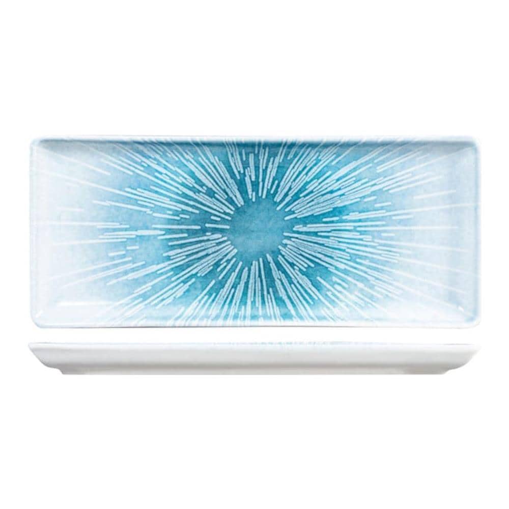 Piatto rettangolare Neptune in porcellana bianca decorata azzurro cm 15x35 - Foto 1