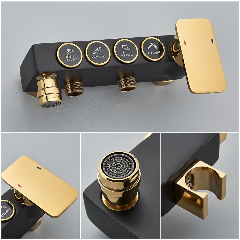 Colonna doccia, Blackswan, tipo M144, modello regolabile nero /oro, con bocca girevole, doccia ad alta pressione e mensola, misura 116 cm - Foto 4