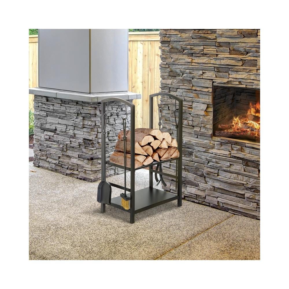 Portalegna Elegante in Metallo su 2 Livelli con 4 Utensili da Camino Dimensioni 40x30x74.5 cm Colore Nero - Foto 2