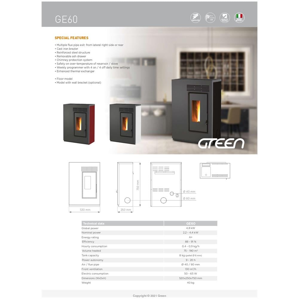 Stufa a Pellet Green E 60 Potenza 6 kW Slim 25 cm Colore Bianco - Foto 2