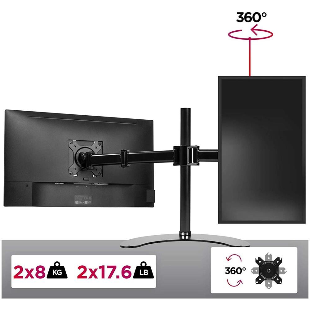 Dm25d2 Supporto Da Scrivania Per 2 Monitor 13” - 27” Staffa Supporto Monitor / Schermo Da Tavolo Vesa Max 100 X 100mm Struttura In Acciaio Base In Metallo Battuto Portata 8kg Per Braccio - Foto 2