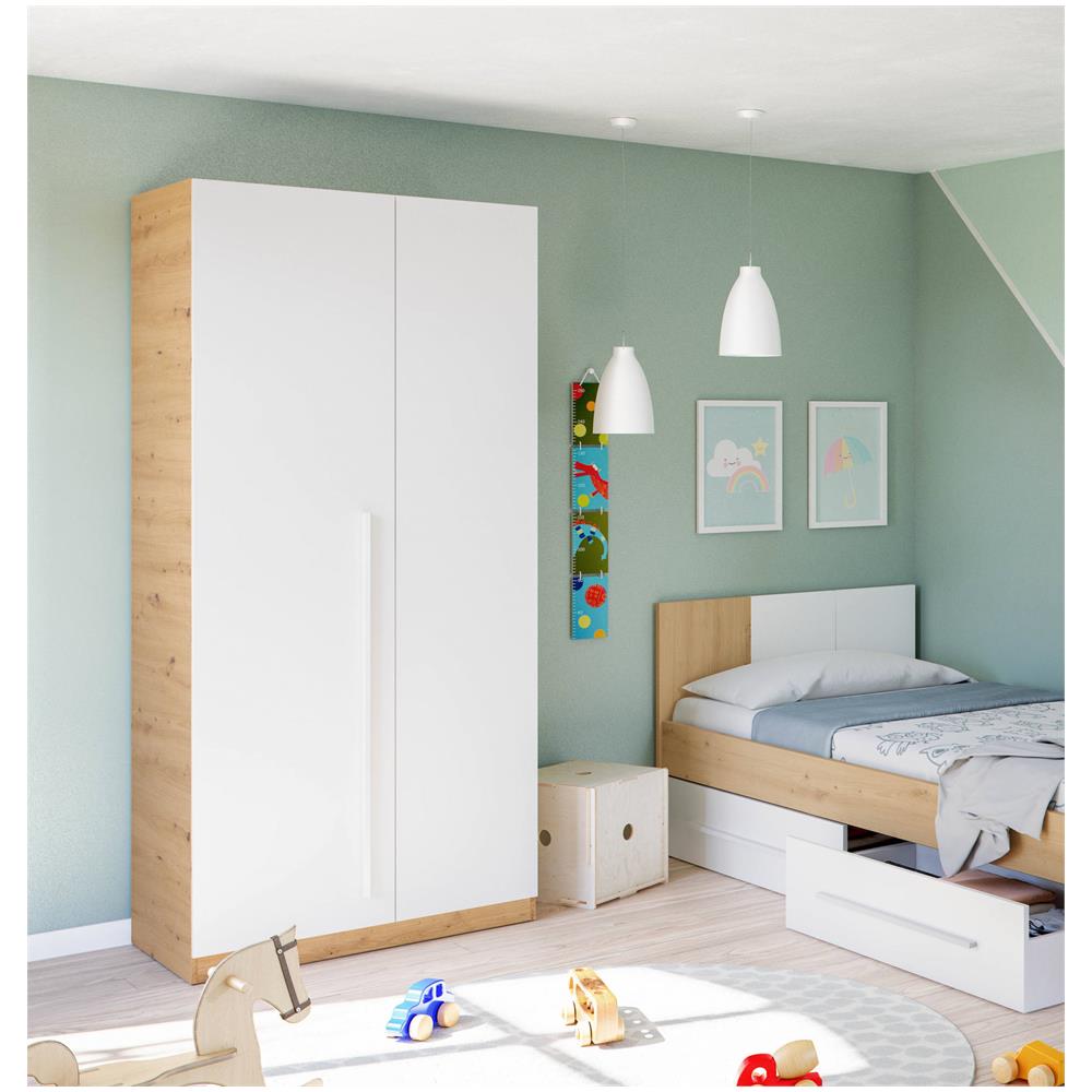 Guardaroba Abilene, Armadio Per Camera Da Letto A 2 Ante Battenti, Mobile Con 3 Ripiani E Barra Appendiabiti, 90x52h200 Cm, Rovere Nodi E Bianco - Foto 1