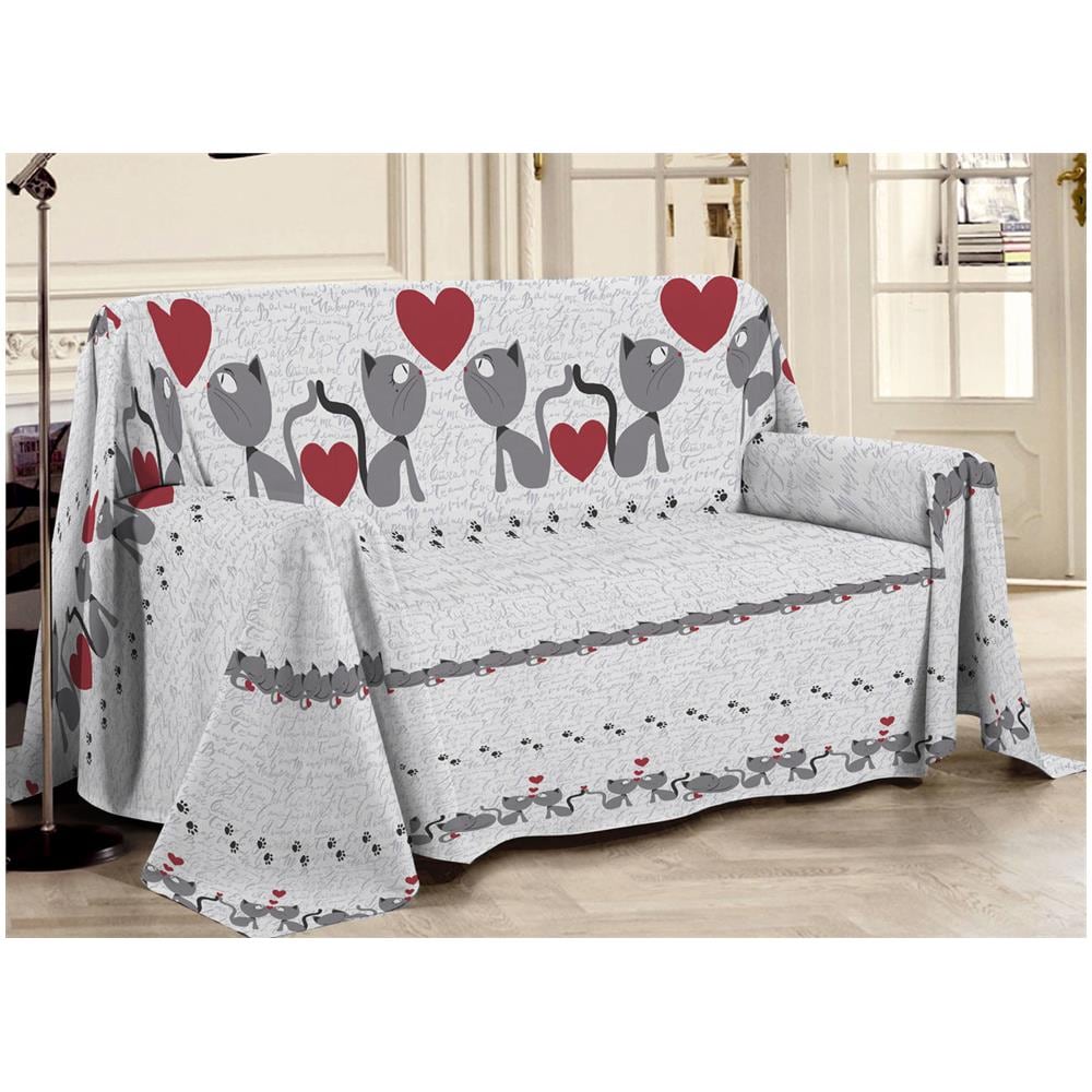 Telo Arredo Multiuso Linea Pensieri Delicati In 100% Cotone Disegno Gattini Matrimoniale Grigio - Foto 1