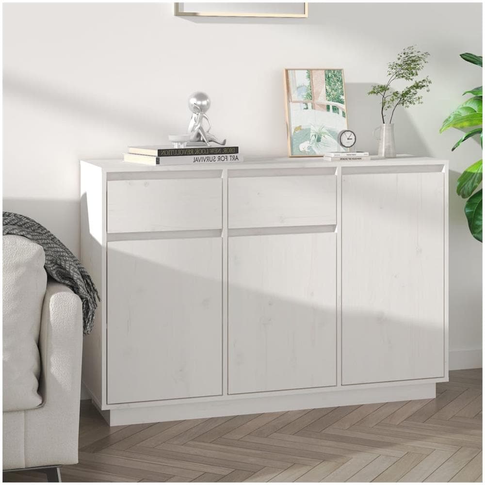 Credenza Bianca 110x34x75 Cm In Legno Massello Di Pino - Foto 1