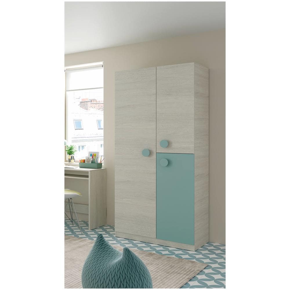 Guardaroba Manchester, Armadio Per Cameretta, Mobile A 3 Ante E 3 Ripiani Con Barra Appendiabiti, 90x52h200 Cm, Grigio E Verde Acqua - Foto 1