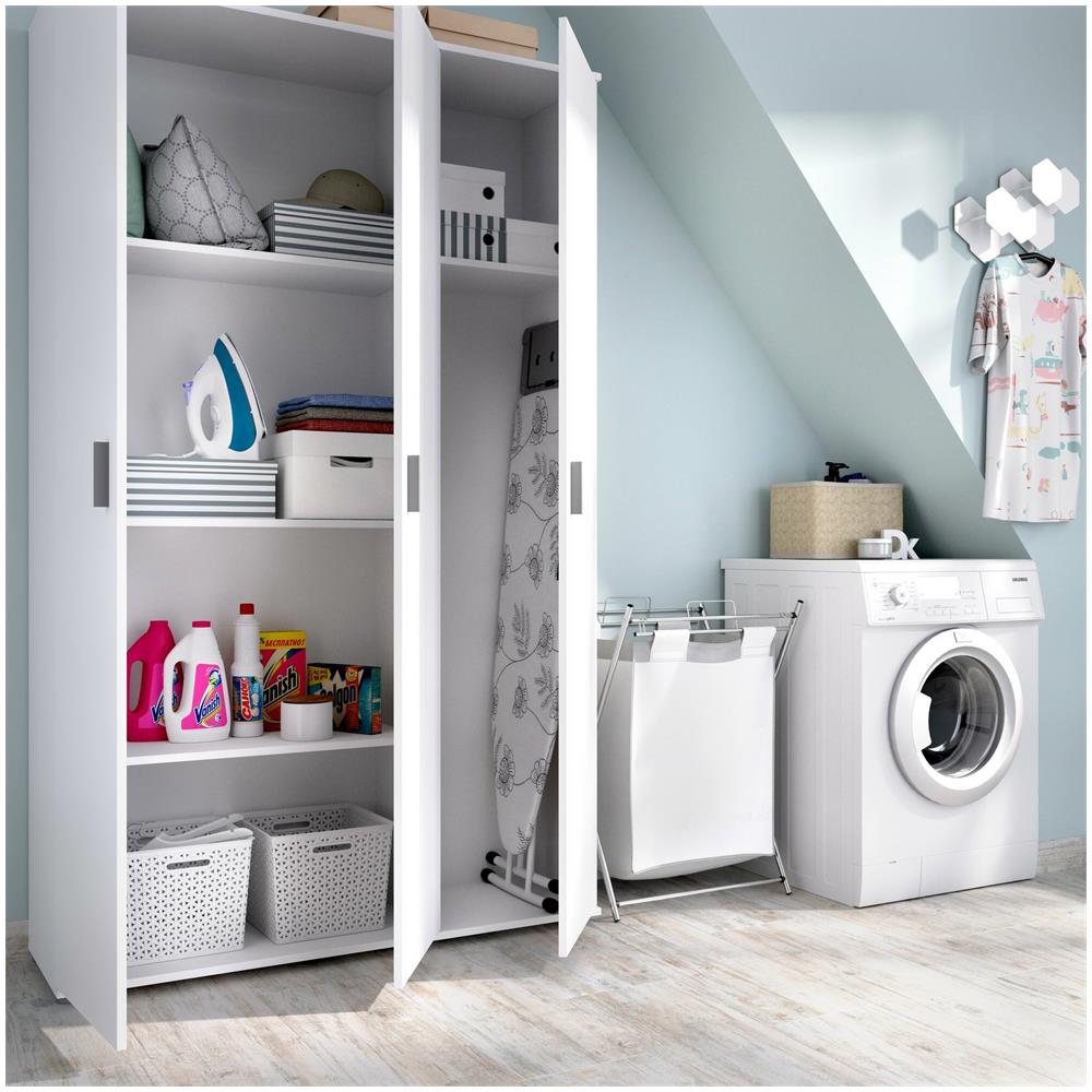 Armadio Multiuso Sillano, Mobile Multifunzione Portascope, Guardaroba A 3 Ante, 116x35h190 Cm, Bianco - Foto 4