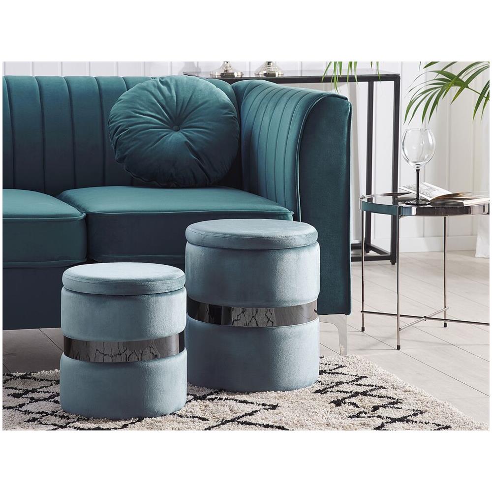 Set Di 2 Pouf Portaoggetti In Velluto Azzurro Doris - Foto 2