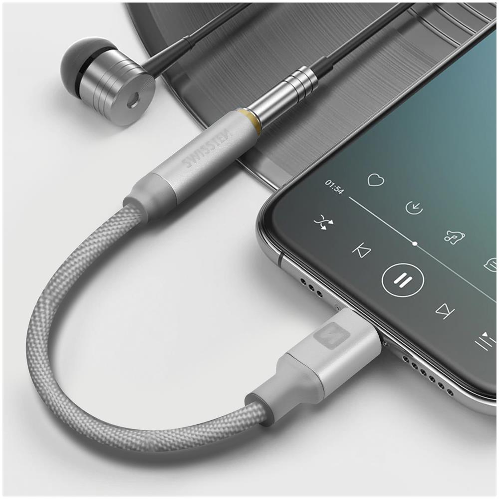 Adattatore Audio Lightning A Jack 3,5 Femmina Intrecciato Nylon Swissten Argento - Foto 5