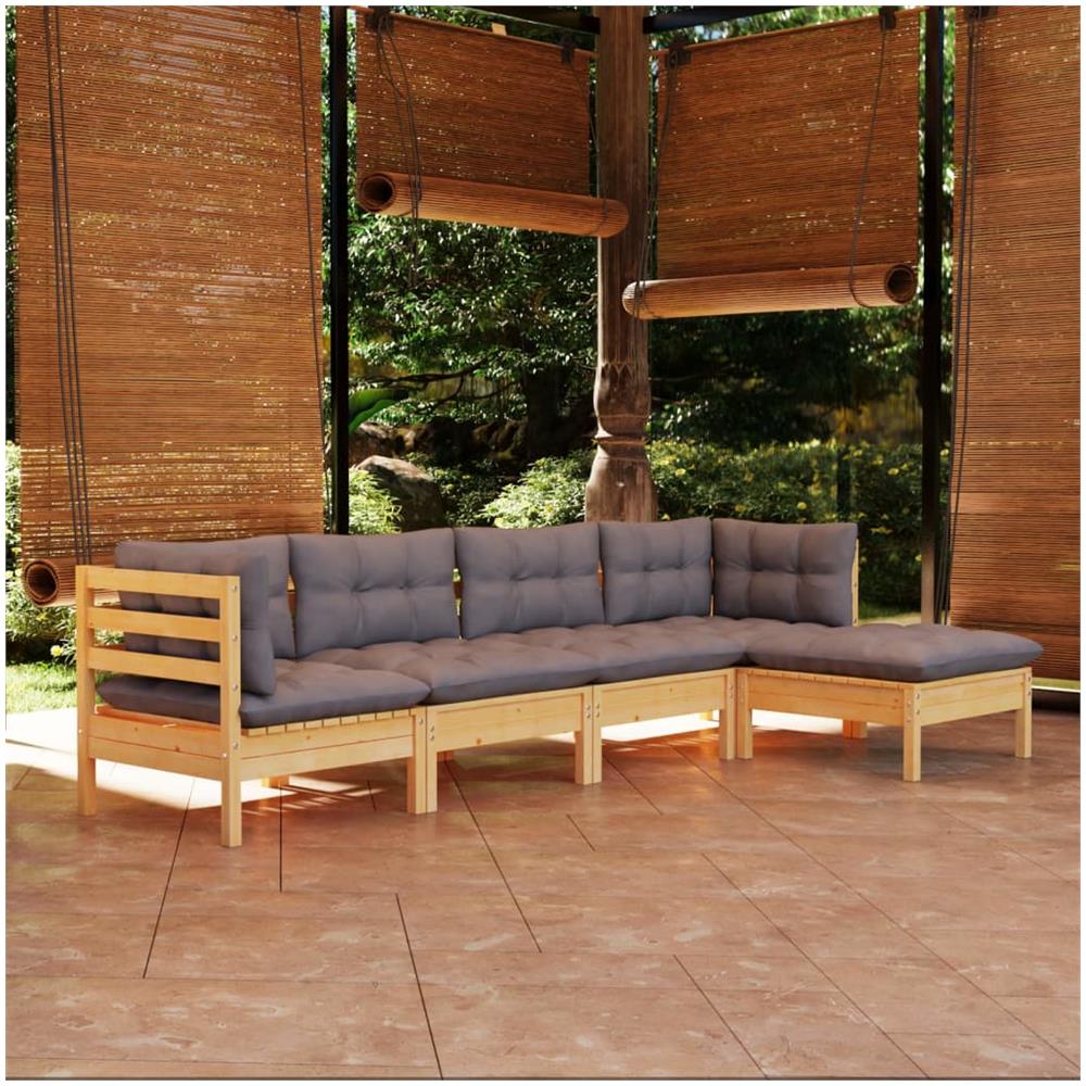 Set Divani Da Giardino 5 Pz Con Cuscini Grigi Massello Di Pino - Foto 1