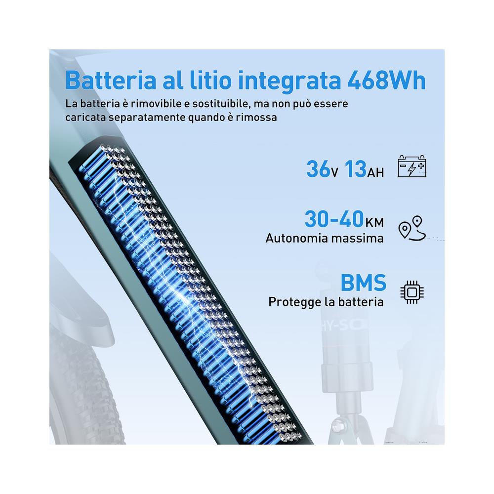 Bicicletta Elettrica 26 Pollici E-bike 250w Batteria 36v13ah 21 Velocità Autononomia 25-50km Gt900 Blu - Foto 2