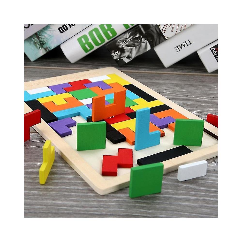 Puzzle Di Legno Tetris – Giocattolo Educativo Montessori Con 42 Blocchi Colorati E 10 Carte Sfida – Per Bambini 3-6 Anni - 3