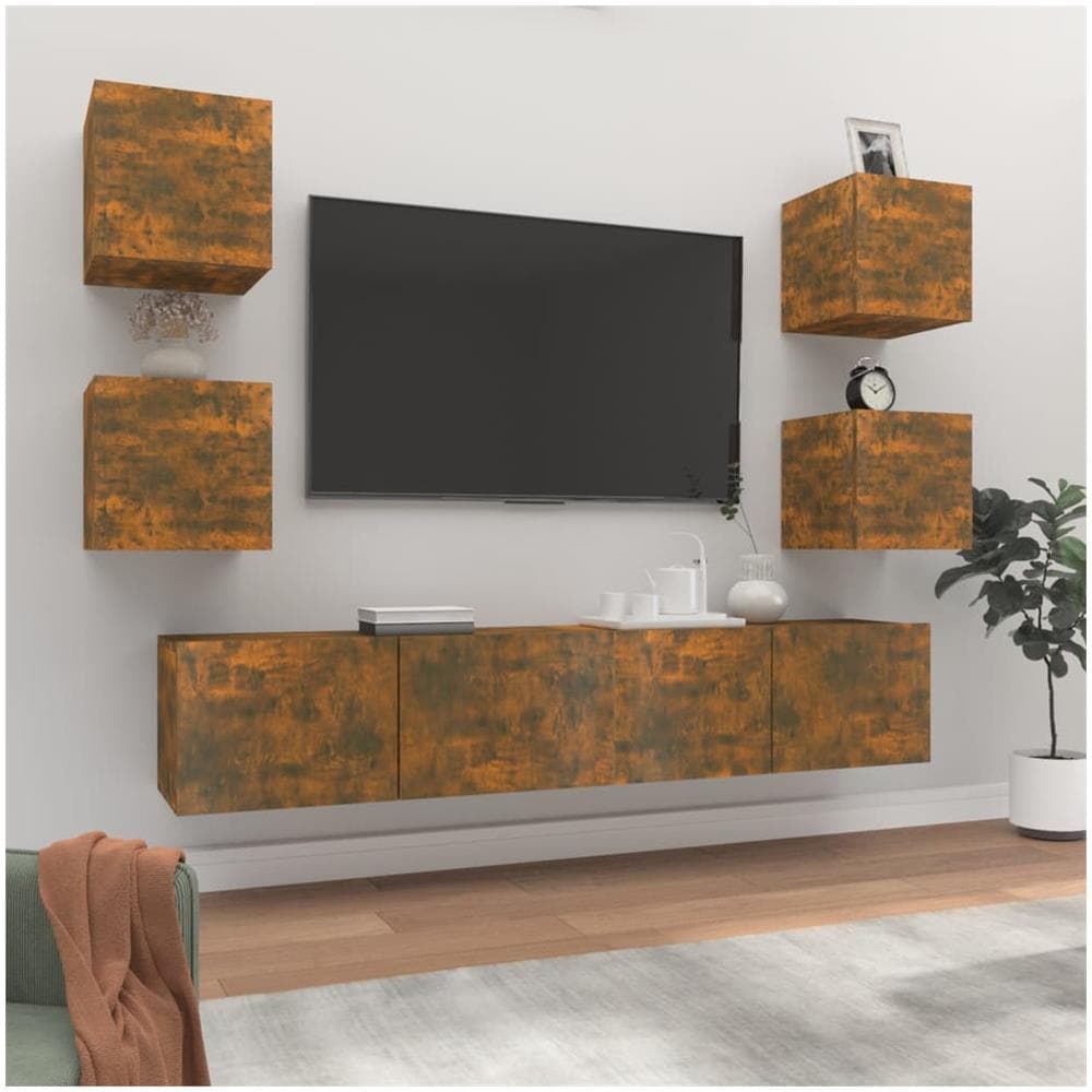 Set Di Mobili Porta Tv 6 Pz Rovere Fumo In Legno Multistrato - Foto 1