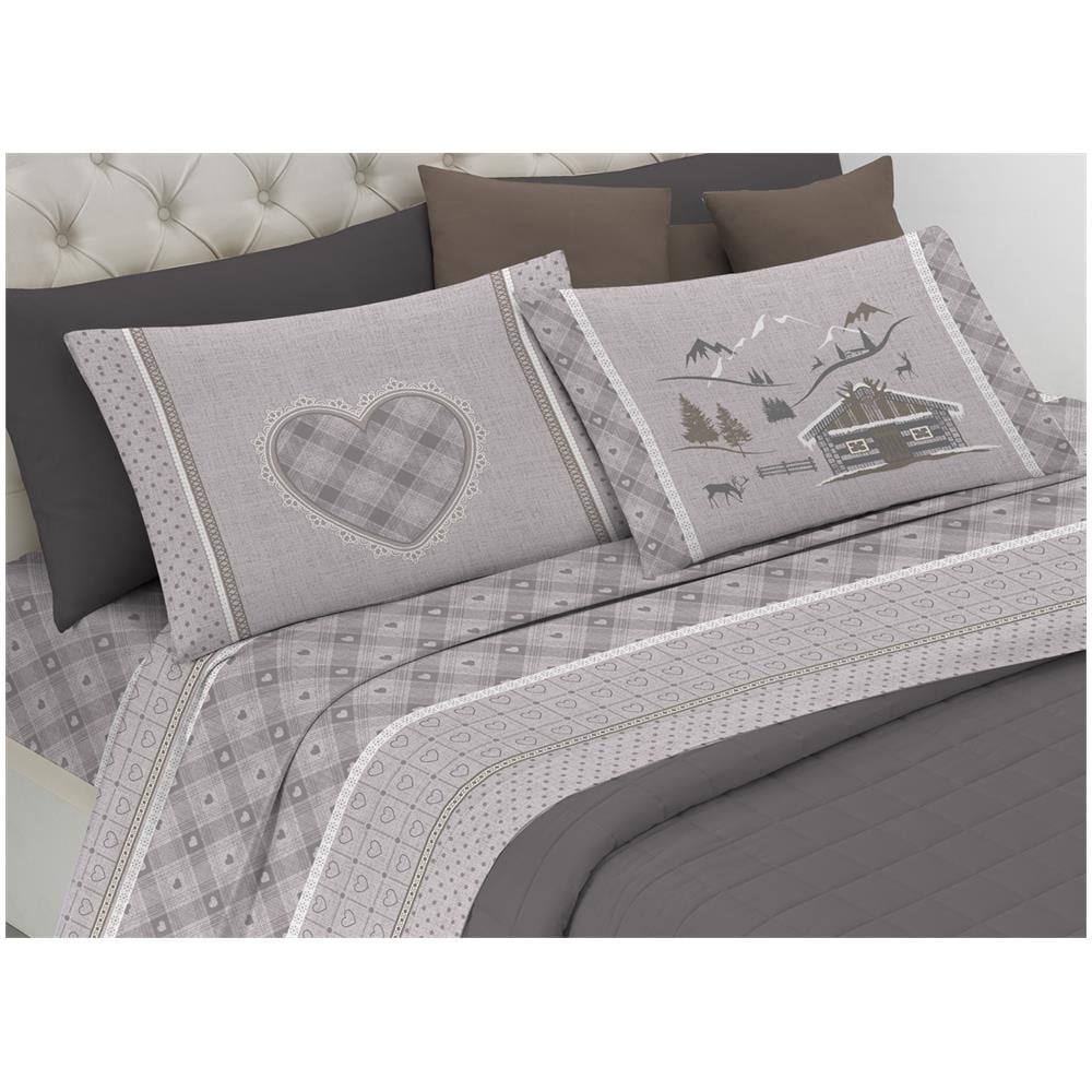 Completo Lenzuola Letto Pensieri Delicati 100% Cotone Dis.chalet Matrimoniale Beige - Foto 1